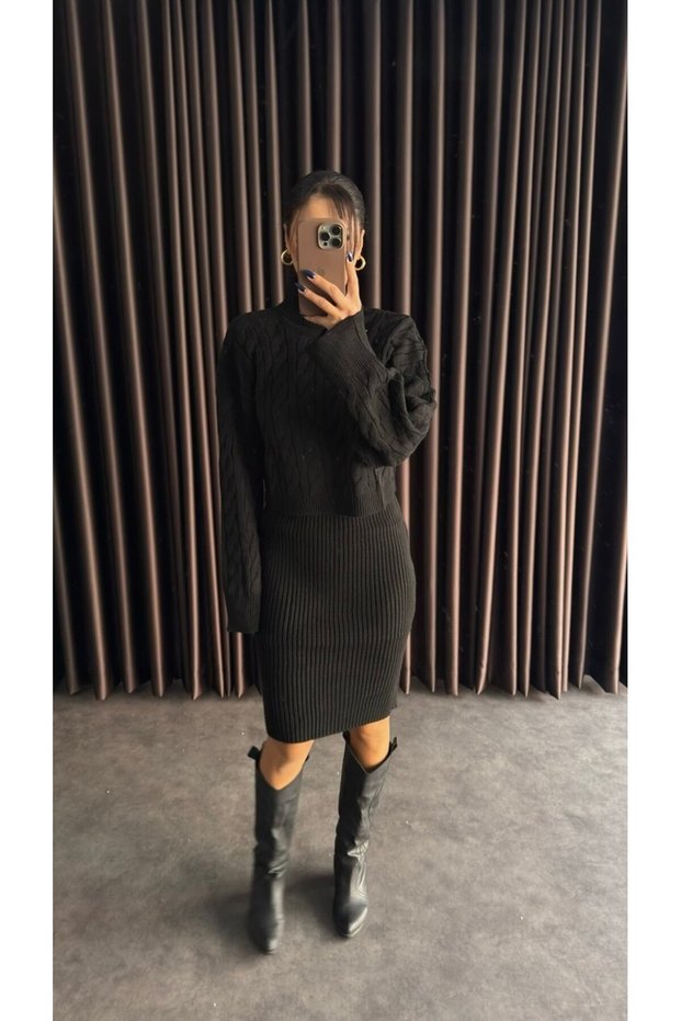 Women's Black High-Neck Knitted Motif Crop Sweater and Knit Dress Set