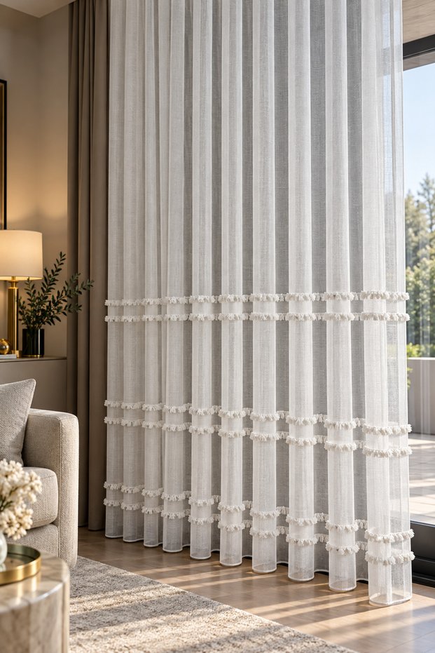 Linen Tulle Curtain with Cut-Edge Tape Detail | Off-White | 1X3 Dense Pleat | Modern Textured Curtain
