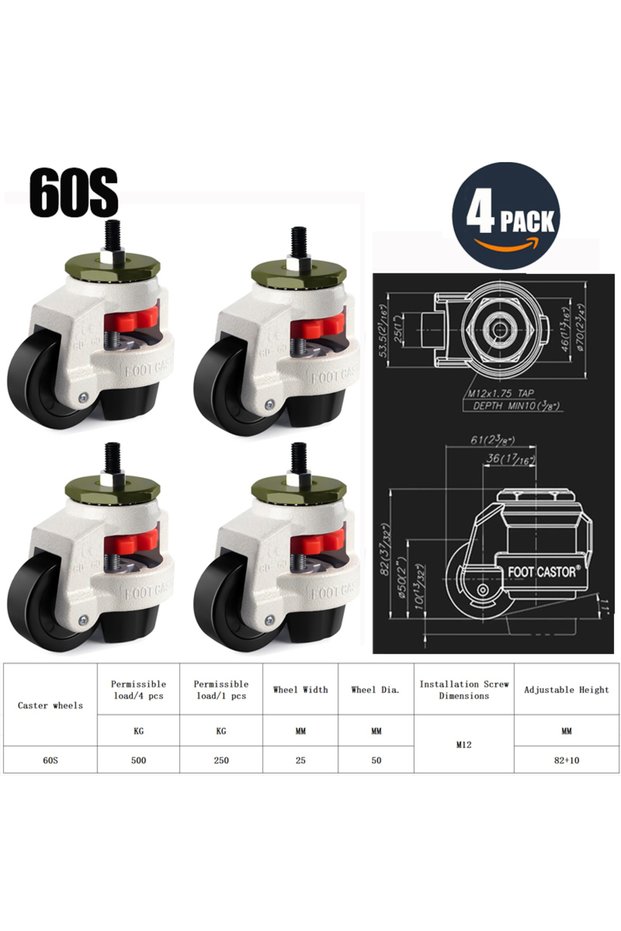 4Pcs 60S Adjustable Height Heavy Duty Leveling Machine Caster Universal Anti-slip Wheel Machinery Ca