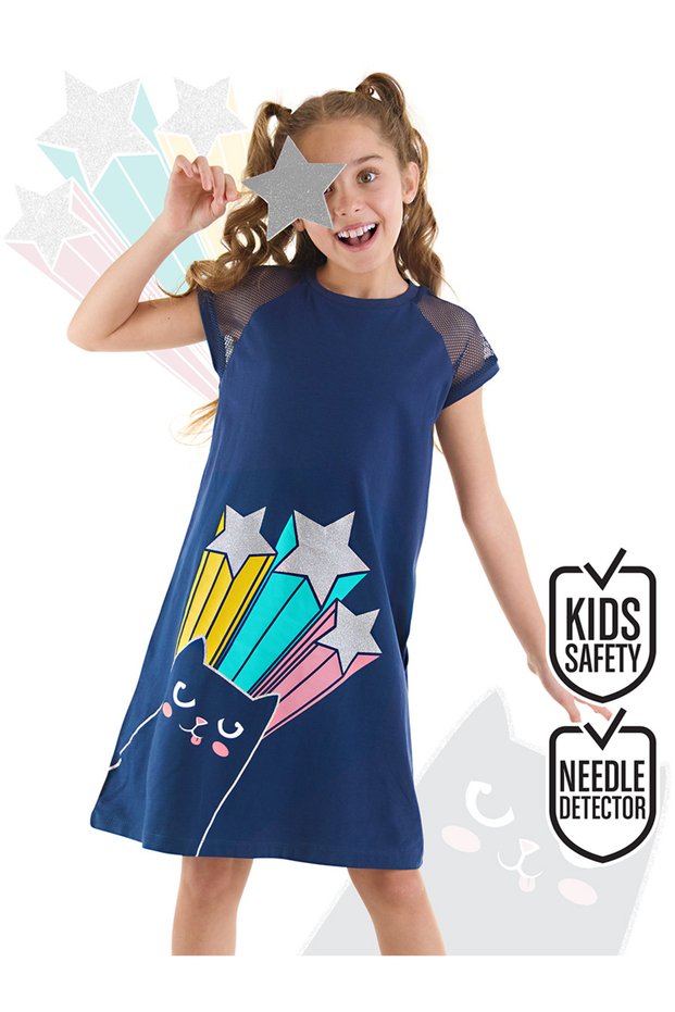 Cat Girl's Navy Blue Sleeve Detailed Silvery Summer Dress