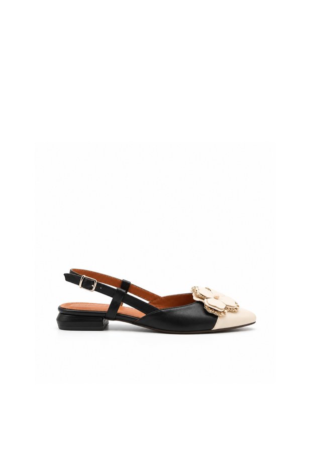 Genuine Leather Black Beige Floral Detailed Slingback Women's Ballerinas