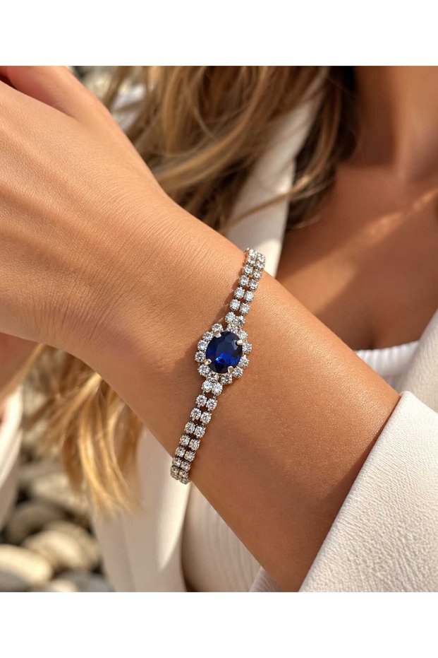 Women's Navy Blue Stella Model Zircon Stone Silver Evening Dress Daily Party Prom Date Combination Bracelet
