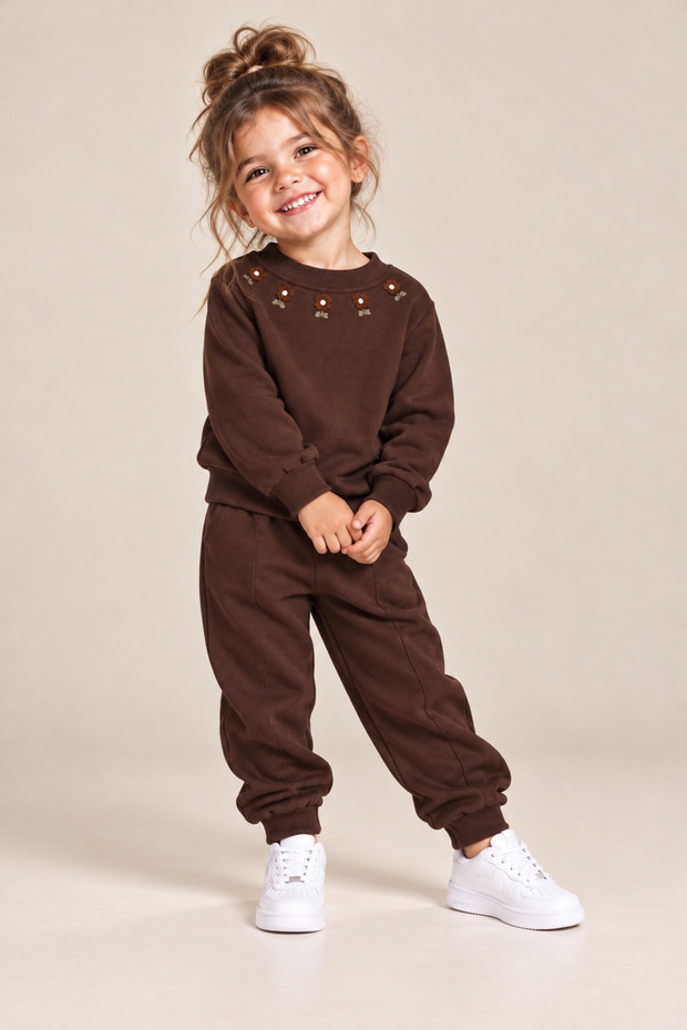 Simit Collar Floral Embroidered Sweatshirt/Ribbed Tracksuit 3 Thread Ribbed Set