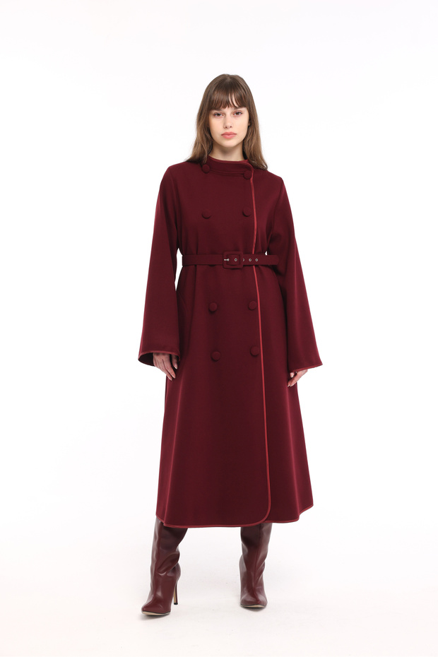 Belted Embroidered Coat with Trimmed Details