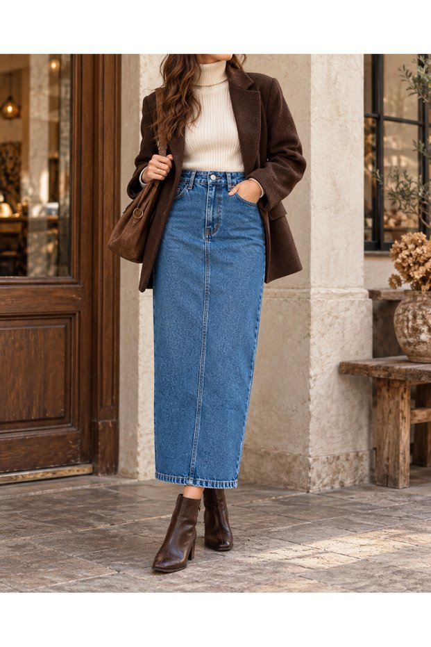 pamuklu mavi denim etek
