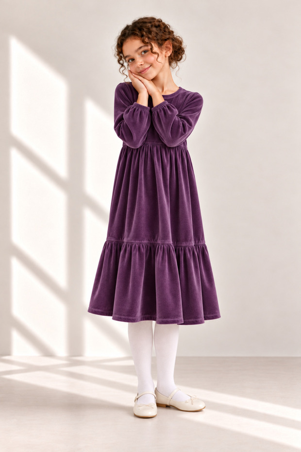 Girls Modest Cotton Velvet Midi Dress