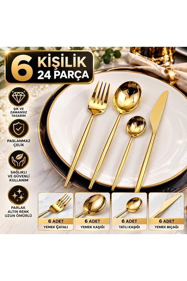 Gold 6-Person 24-Piece Fork Spoon Knife Set