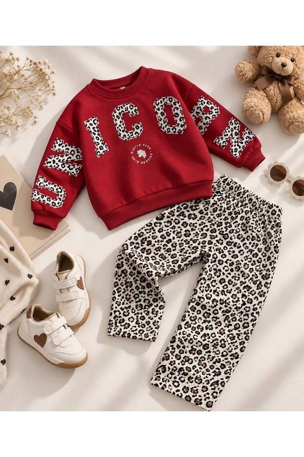 Girl's Burgundy - Leopard Print Pattern 3 Thread Top and Bottom Set