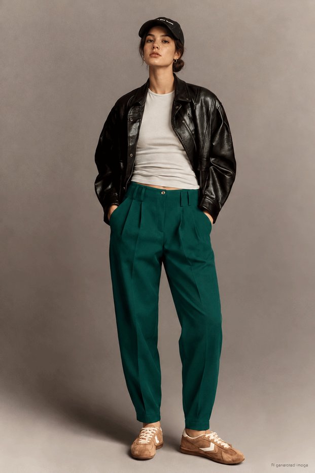 Green Darted Leg Elastic Trousers