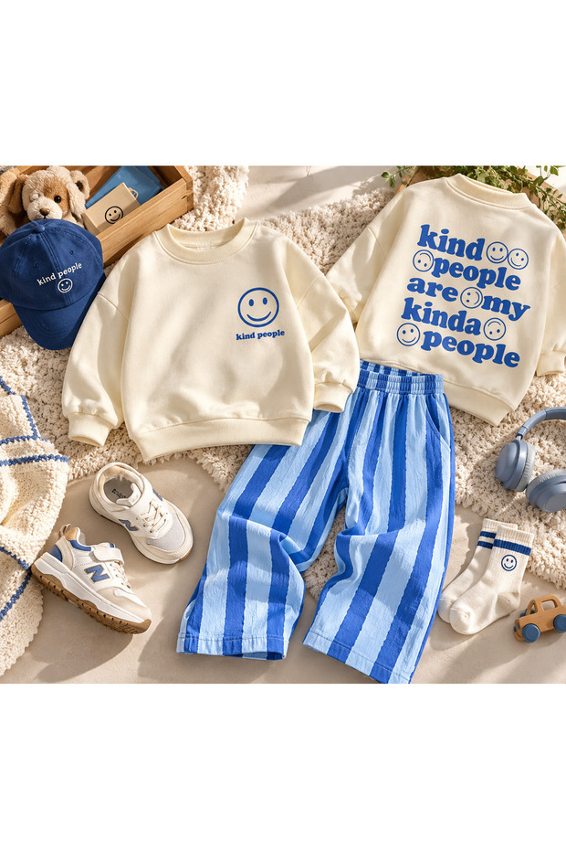 Boy's Slogan Text Smile Printed 3 Thread Fabric Canvas Pants Cotton Top and Bottom Set