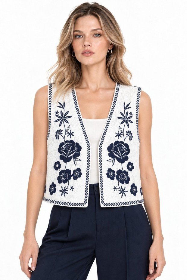 White Women's V-Neck Floral Embroidered Woven Crop Vest