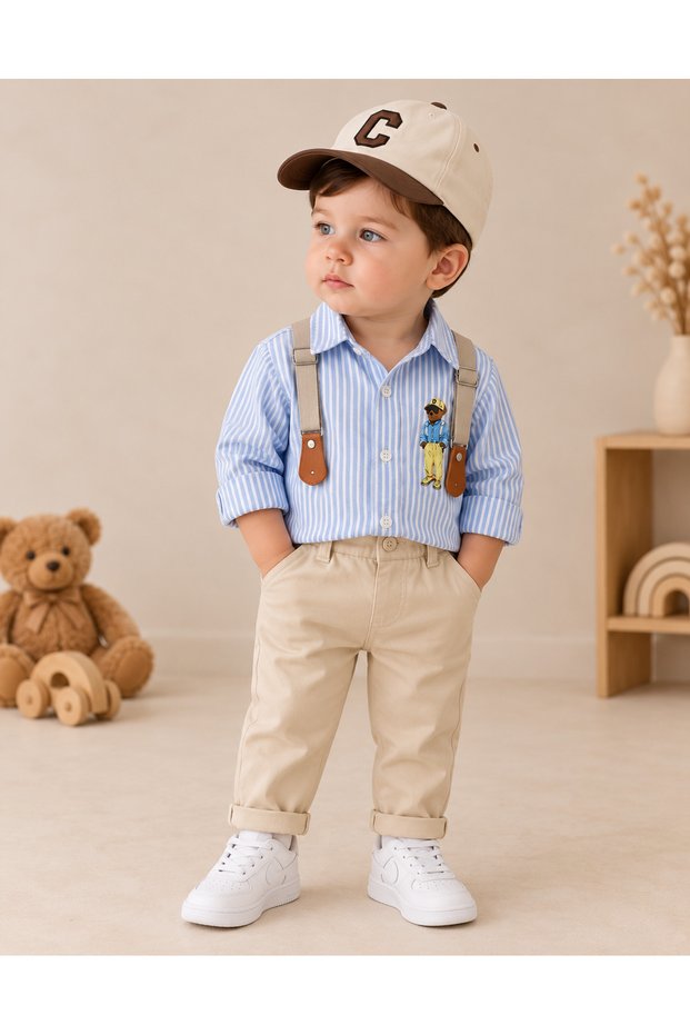 Striped Teddy Bear Printed Shirt with Suspender Belt and Hat, Lycra Gabardine Trousers, 4-Piece Baby Boy Set