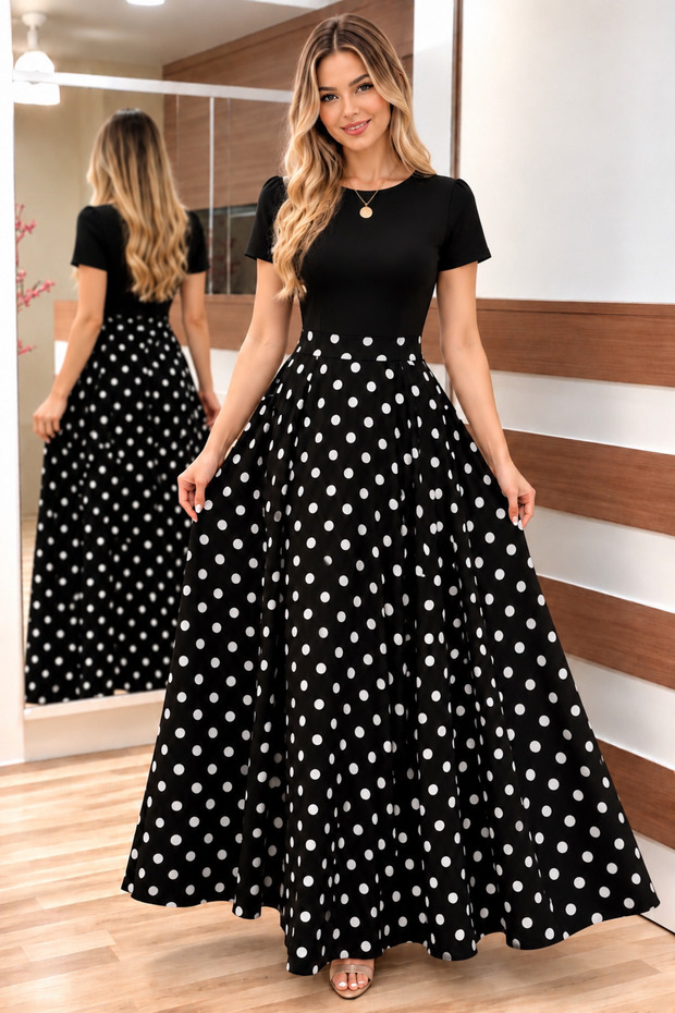 Women's Short Polka Dot Dress, Crepe Fabric Skirt, Polka Dot Dress