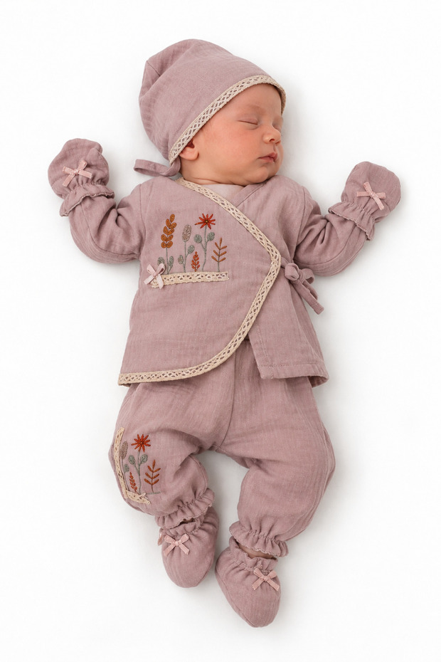 Girl baby plum muslin flower embroidered pique blanket organic 10 piece hospital exit set