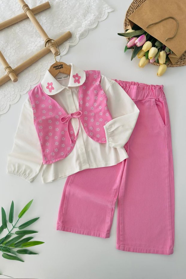 My Little One's Flowers with Vest and Floral Embroidery Detail Girls' 3-Piece Gabardine Set - Pink