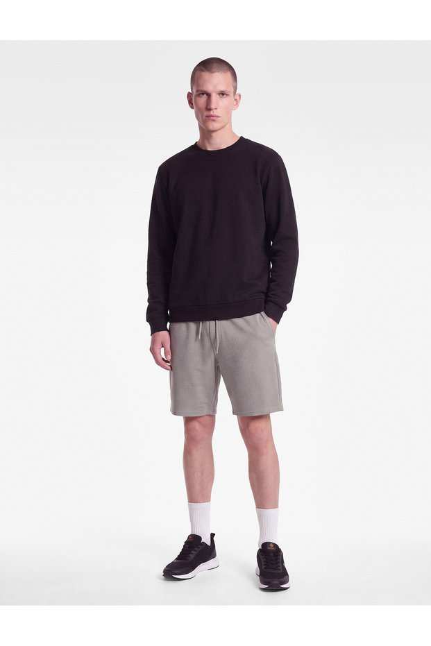 Cotton Regular Fit Pocketed Waffle Textured Bermuda Shorts with Tie Waist