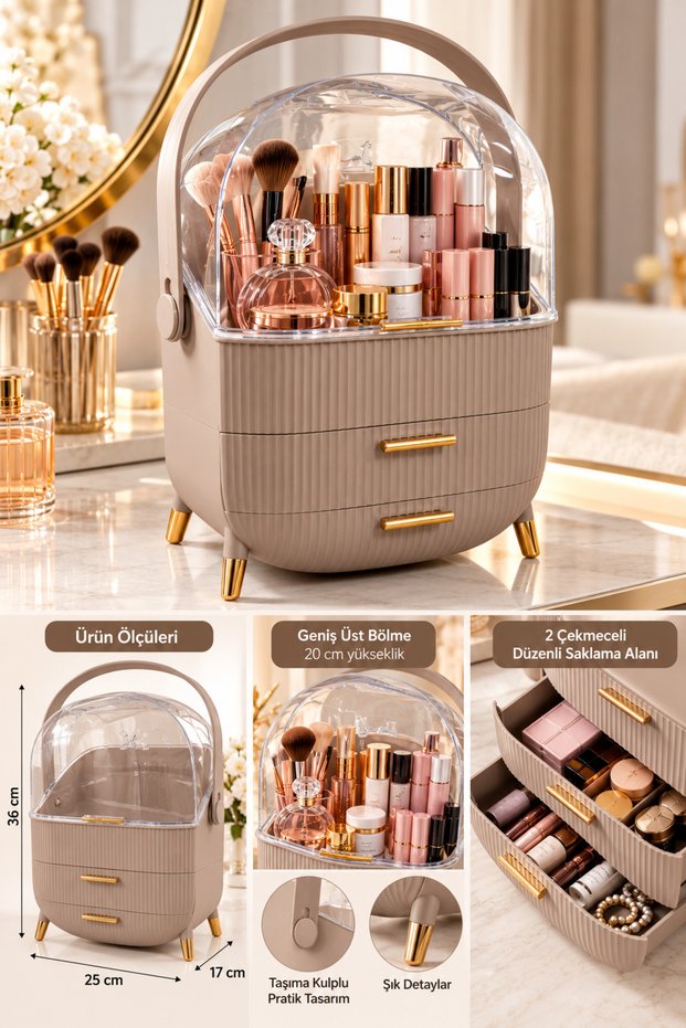 Transparent Multi-Compartment Makeup & Cosmetic Organizer with Lid Beige