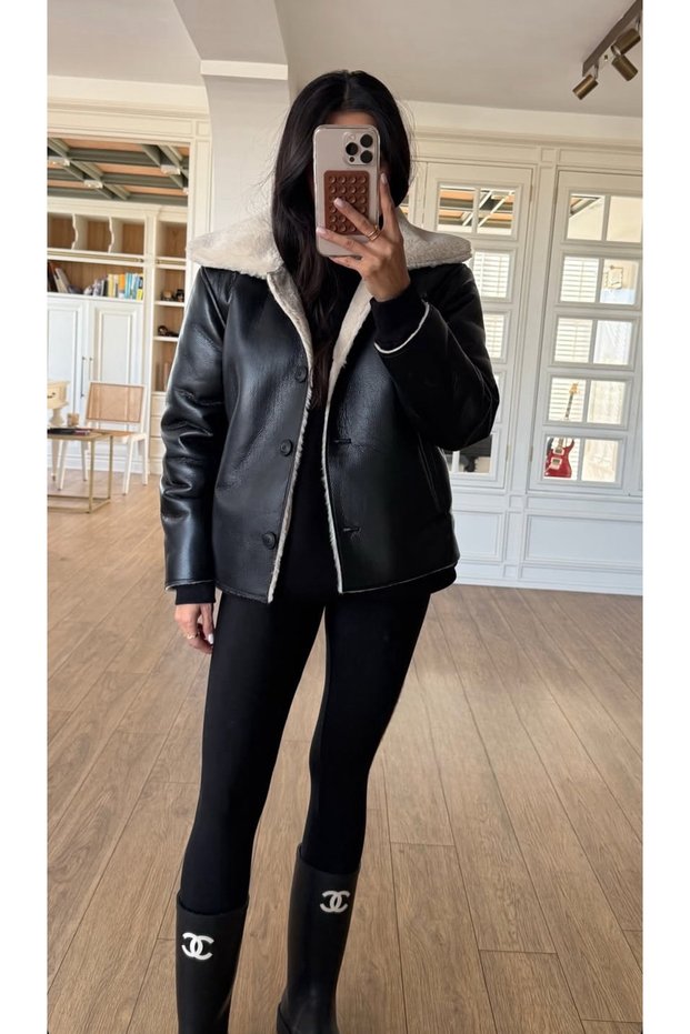 Women's Black Fur Lined Buttoned Leather Coat