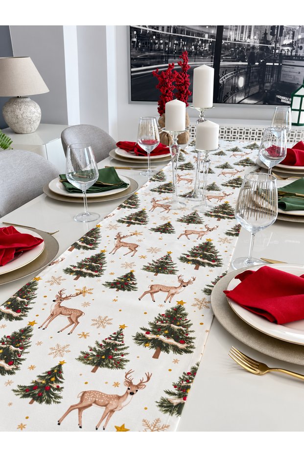 New Year Themed Gazelle Patterned White Green Beige Gold Detailed Christmas Runner (Without Napkins)