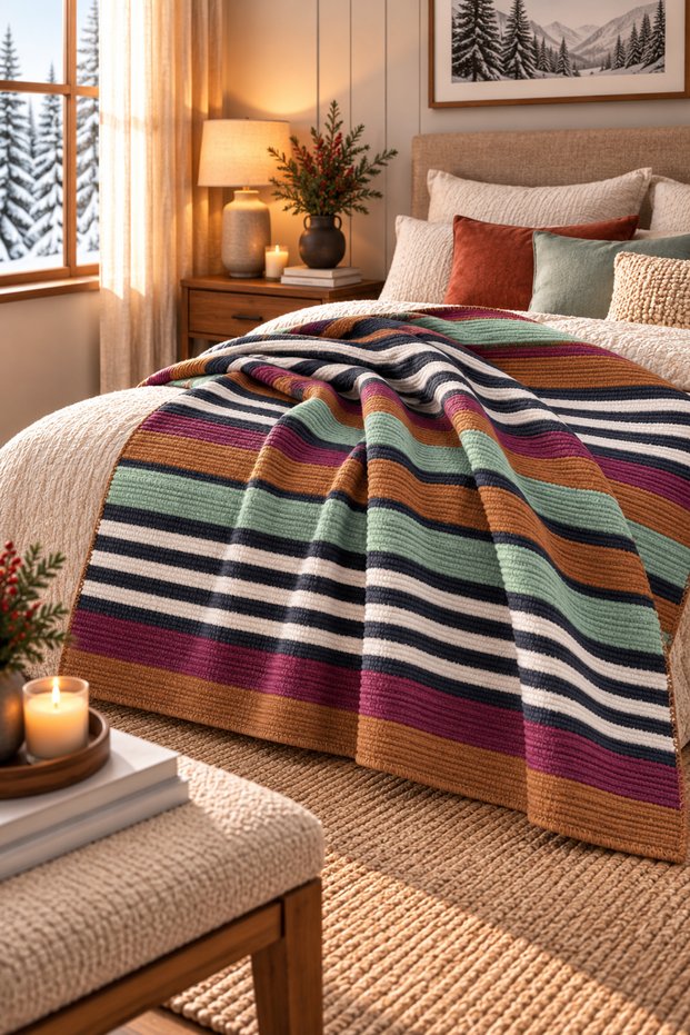 Striped Patterned Tasseled Double Blanket Mint Plum 180X220 cm