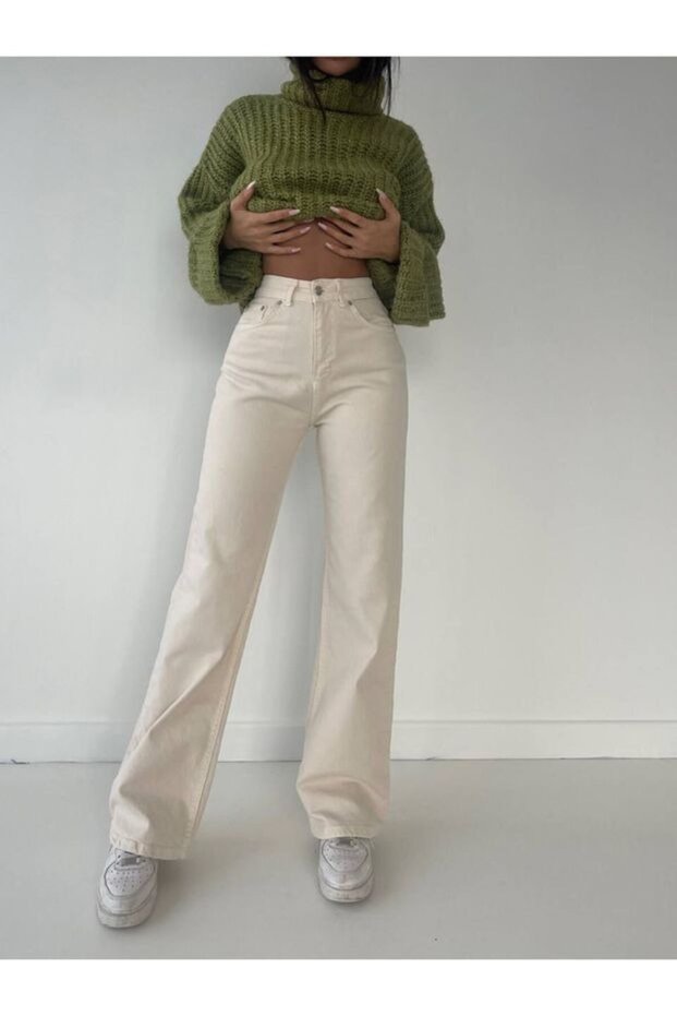 Women's Beige Lycra Super High Waist Loose Leg Denim Palazzo Trousers