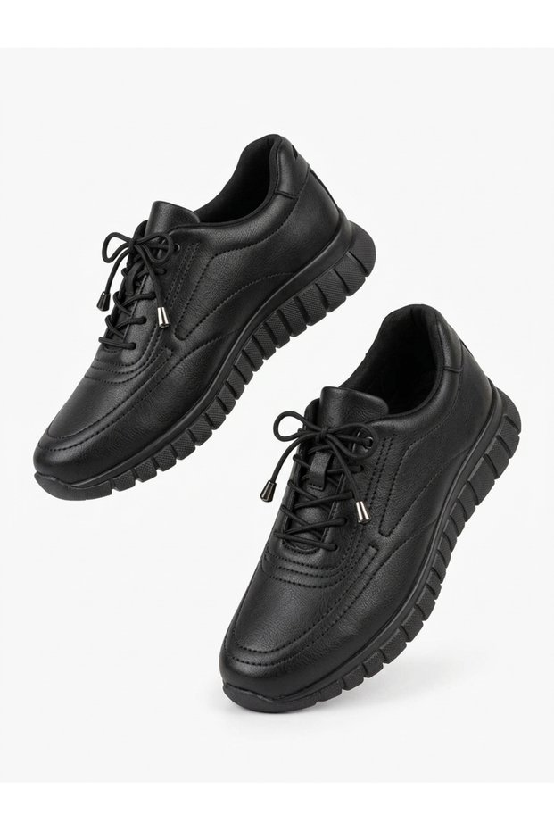 Women's Black Daily Orthopedic Non-Slip Thick-Soled Wedge Heel Comfortable Faux Leather Breathable Sneakers