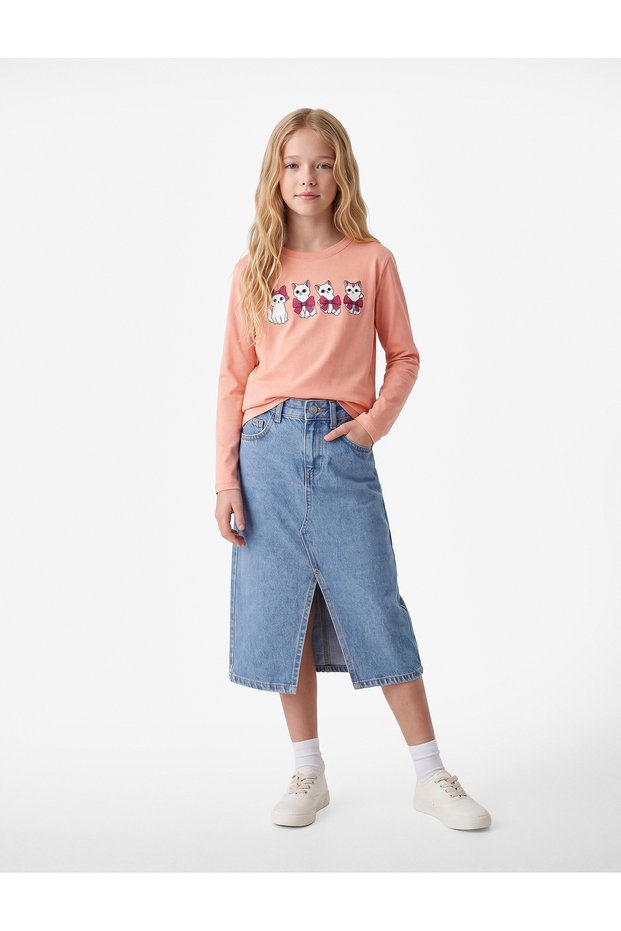 Cotton Crew Neck Cat Printed Long Sleeve T-Shirt