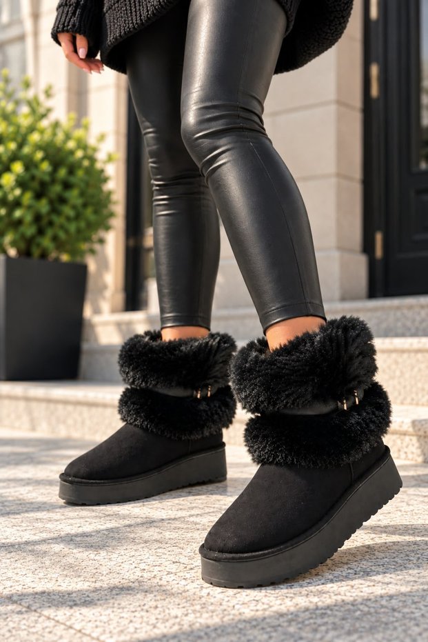 Dobra Women's Furry Light Boots with Padded Heel, Cold Weather Resistant P0308-Black