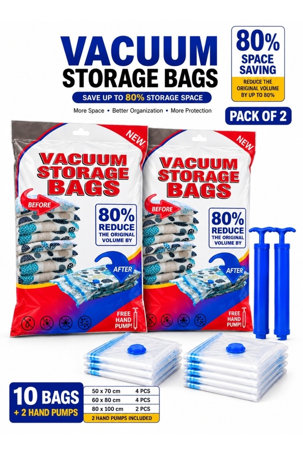 Vacuum Storage Bags with Hand Pump – Reusable Space Saving Compression Bag Set