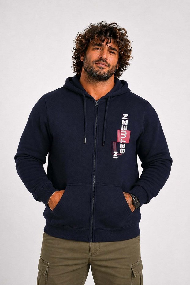 Large Size Hooded Zippered 3Ip Sweat in between 25717 Navy Blue