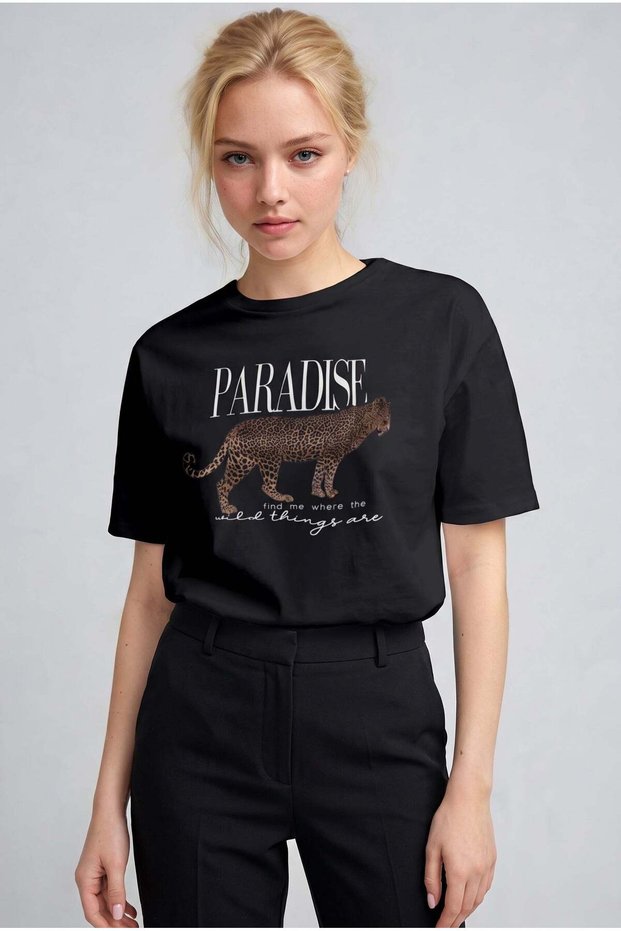 Women's Black Paradise Leopard Women's Short Sleeve Relax Fit Relax Fit Regular T-Shirt