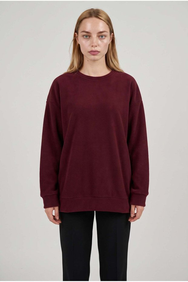 Women's Claret Red Basic 0 Crew Neck Unprinted Plain Oversize Loose Loose Fit Fleece Sweatshirt
