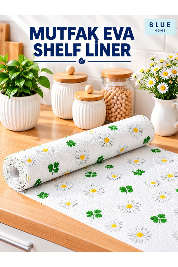 Yellow Daisy Gonca Leaf Design Non-Slip Shelf Liner Roll - Drawer Mat for Kitchen, Refrigerator & Cabinets.