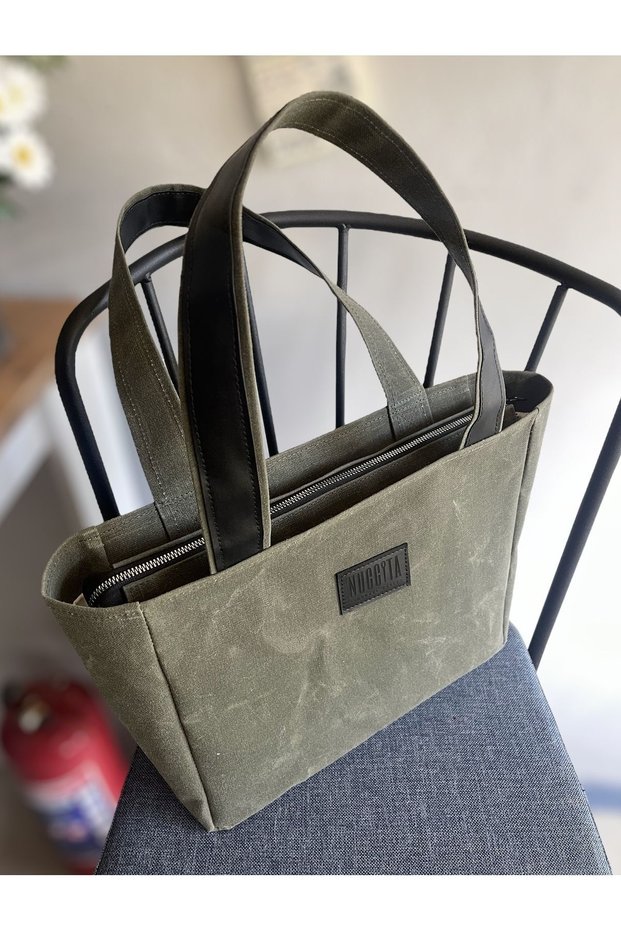 Zippered Medium Size Waxed Canvas Dark Khaki (Black Leather Detail) Shoulder Bag