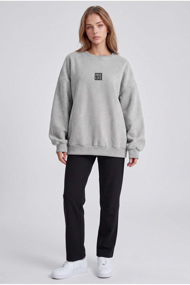 Women's Gray Free Life Printed 0 Zero Neck Oversize Loose Fit Fleece Sweatshirt