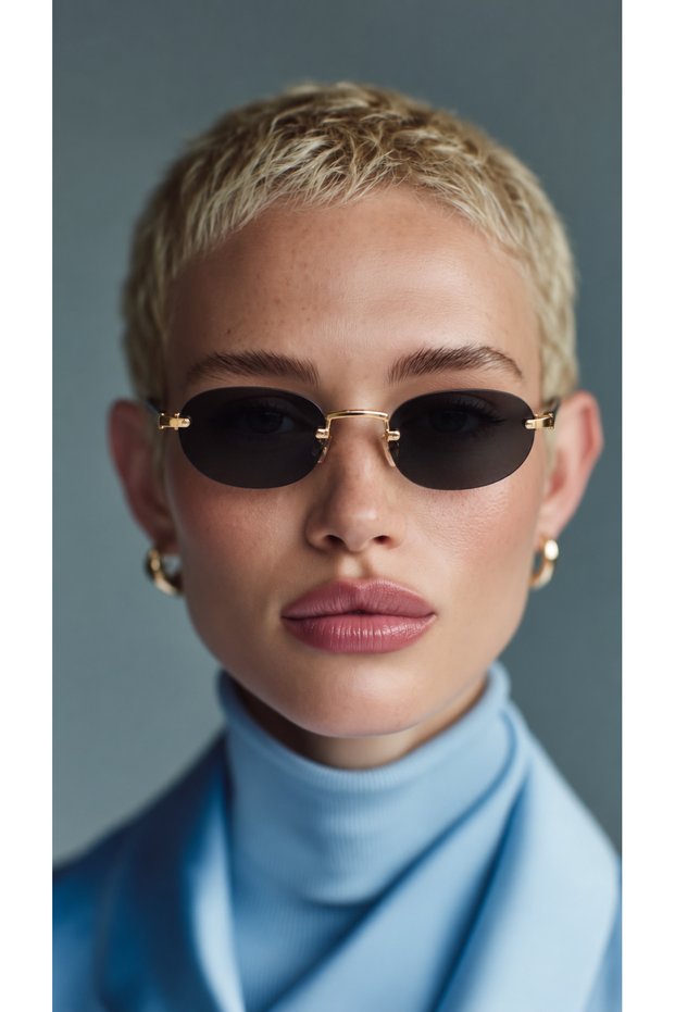 Jade Metal Oval Round Gold Frameless Uv400 Protected Sunglasses with Case and Cleaning Cloth as a Gift