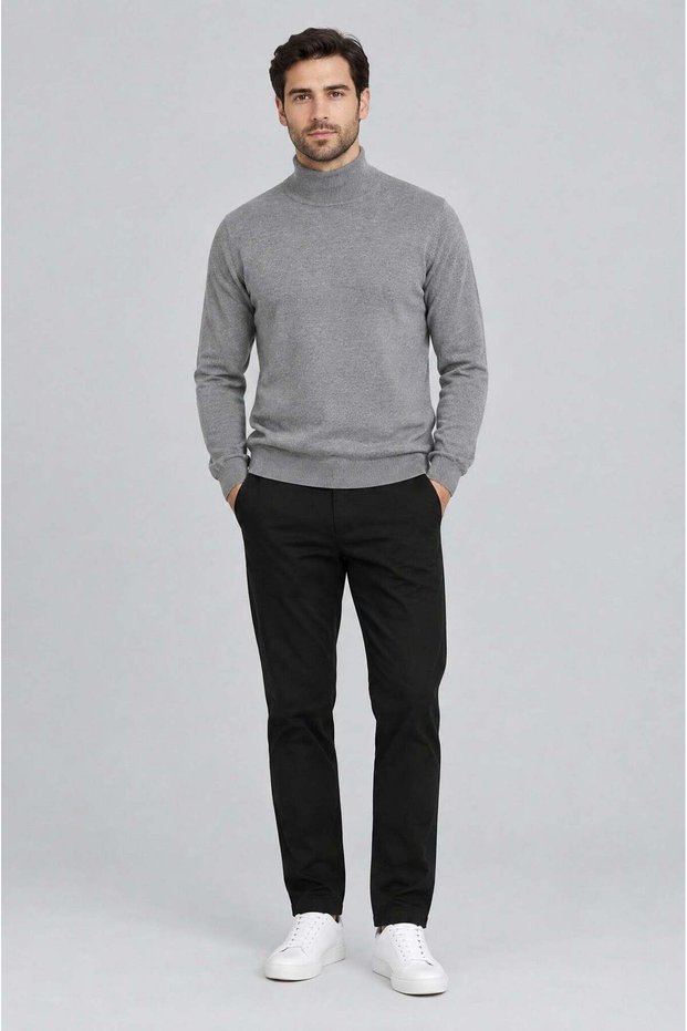 Men's Gray Half Turtleneck Standard Fit Regular Acrylic Blend Knitwear Sweater