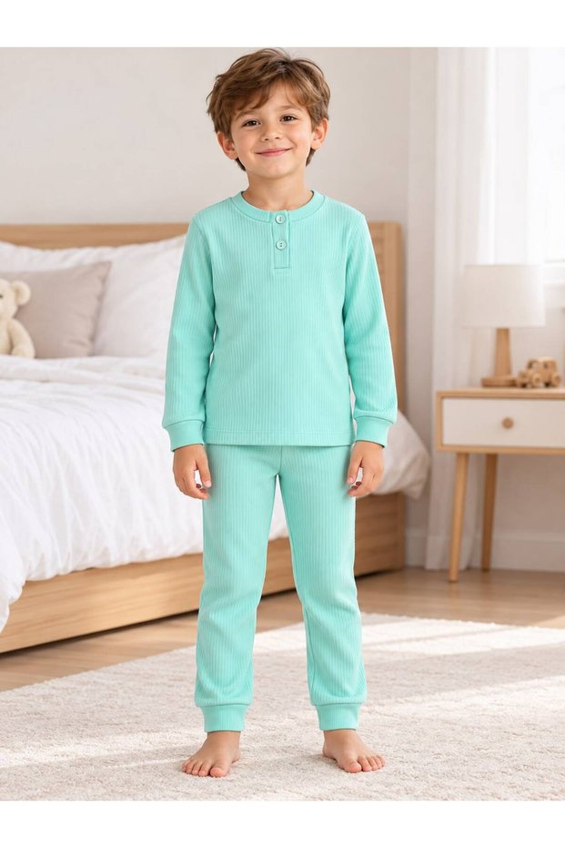 Boy's 100% Cotton Winter Turquoise Color Twill Collar Buttoned Long Sleeve Basic Pajama Set