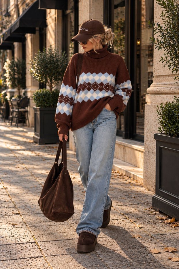 Women's Brown High-Neck Patterned Knitwear Sweater