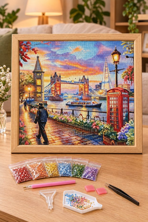 Diamond Painting Puzzle Kit, London Tower Bridge and Red Telephone Booth 50X65 cm Mosaic