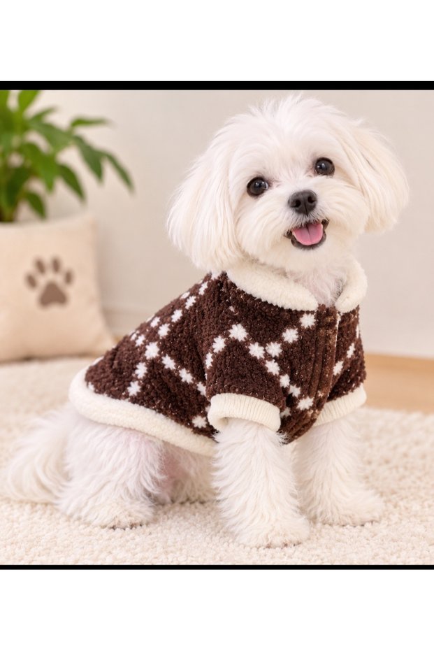 Cat Dog Clothing Coffee Patterned Wellsoft Cardigan Coat