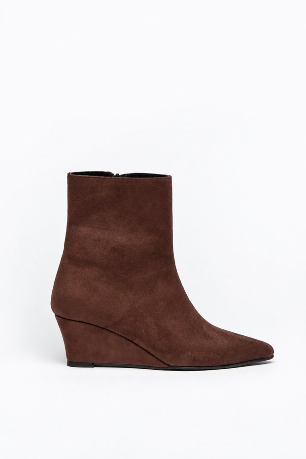 Brown Suede Wedge Heel Ankle Boots with Zipper, Comfortable Heeled Bootie