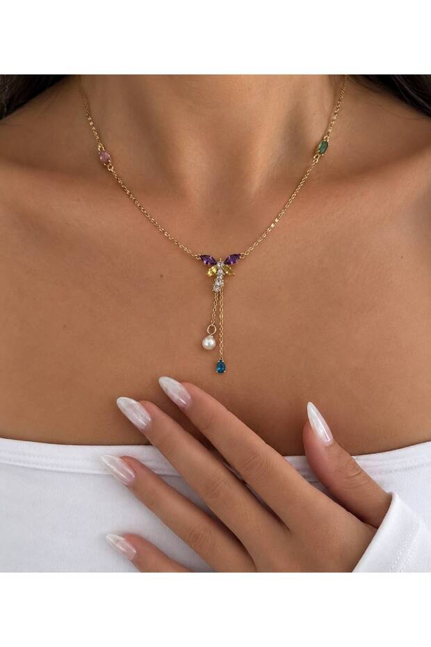 Saw Brand Model Colorful Stone Stainless Steel Necklace