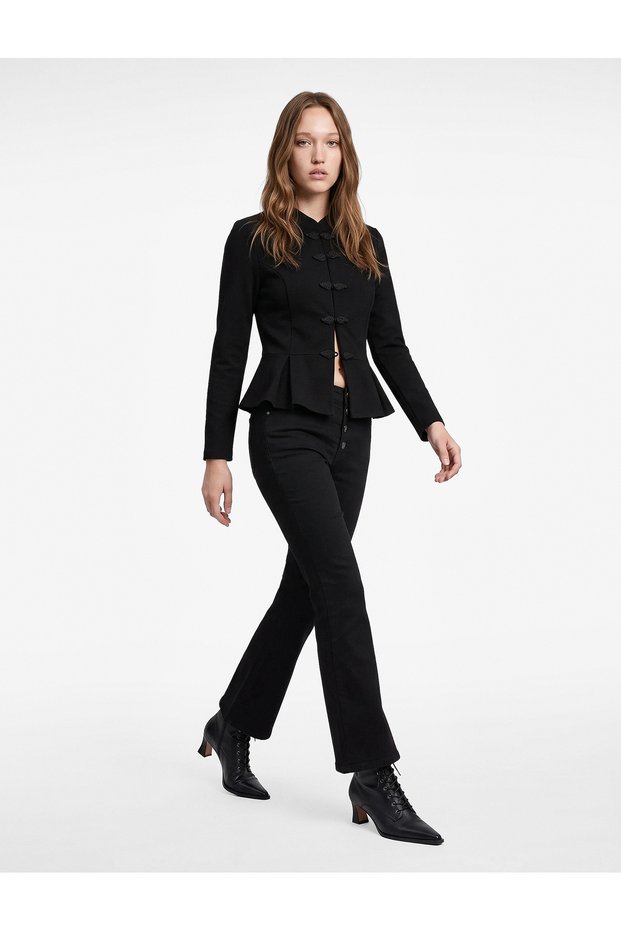 Mandarin Collar Ornate Button-Detail Slim Fit Long-Sleeve Crepe T-Shirt