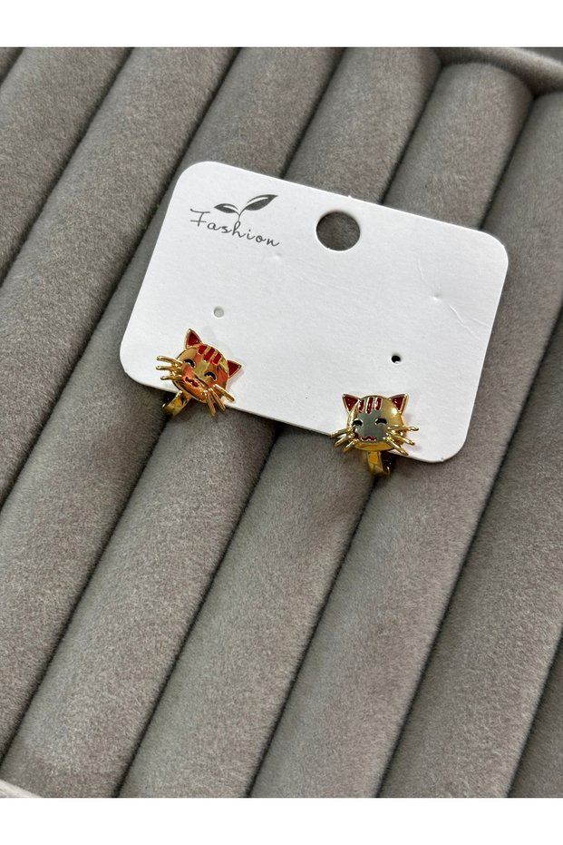 ⁠ Cute Cat Figured Enamel Earrings for Children and Teenagers - Gold Color Hoop Earrings ⁠