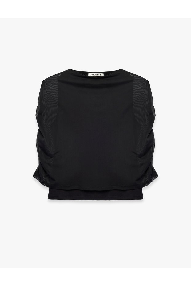 Slim Fit High Neck Sleeveless Tulle Detailed Double Cape Blouse