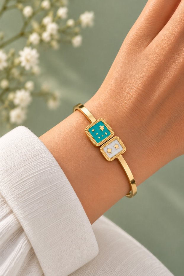 Gold Steel Handcuff Bracelet with Colorful Star Detail