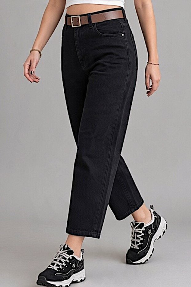 High Waist Black Baggy Jean Denim Pants - Leather Belt Gift Included
