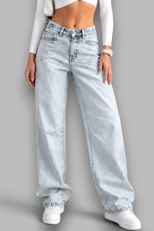 Women's Back Buckle Detailed Loose Fit Wide Leg Comfortable Baggy Jean Denim Loose Trousers