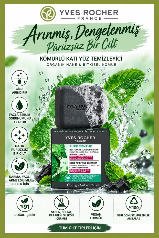 75 Gr Charcoal Solid Facial Cleanser Purifying Vegan for Combination, Oily and Acne-Prone Skin